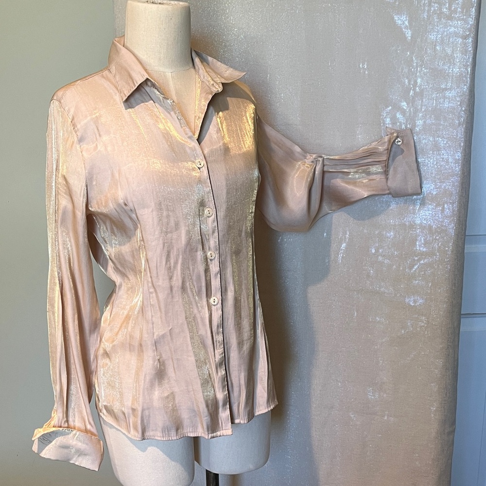 Shimmer Satin Button-Front Blouse Crean and Gold.